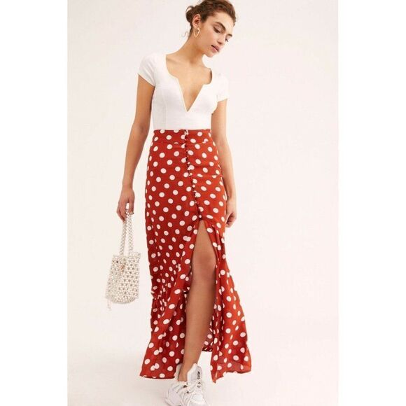 NEW FREE PEOPLE SZ XS UNBUTTON ME MAXI SKIRT X FLYNN SKYE IN RUST DOT - Picture 1 of 3